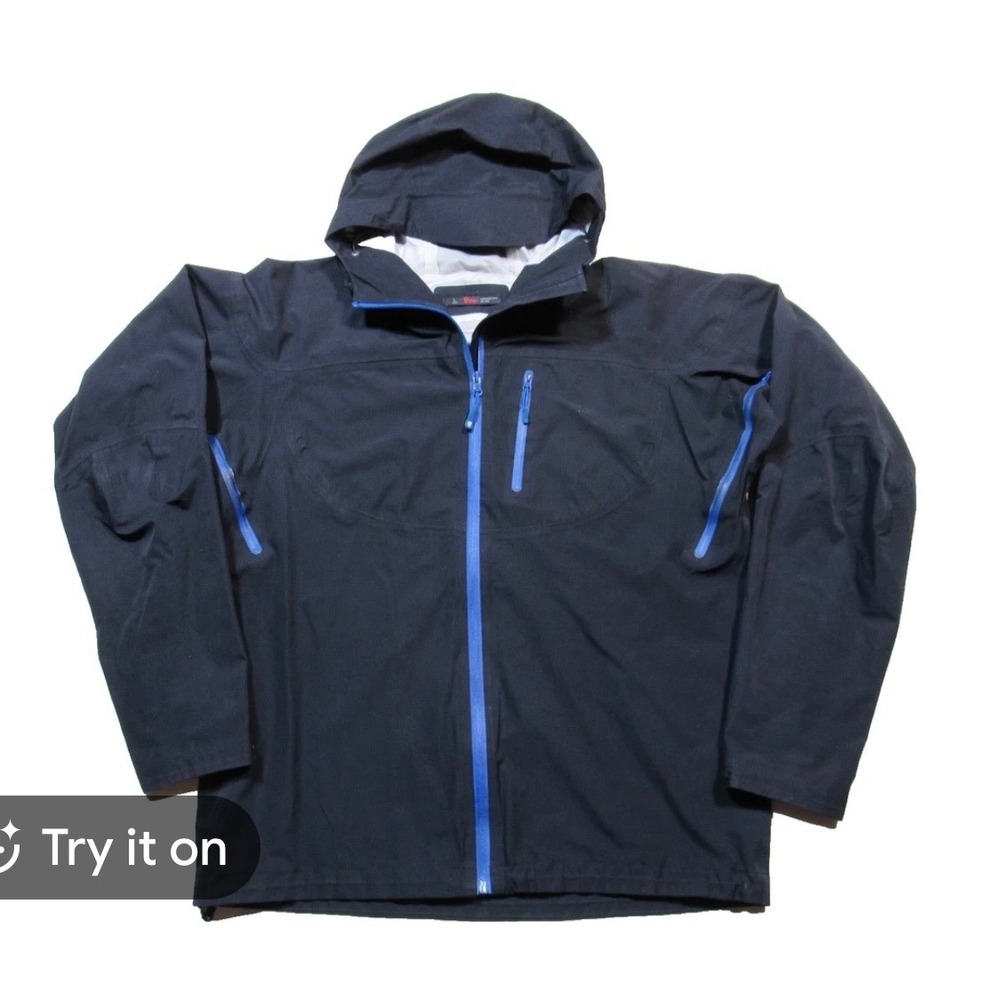 Stoic Vaporshell Mens Large Black Blue Zip Hooded Technical Rain Jacket Pit Zips
